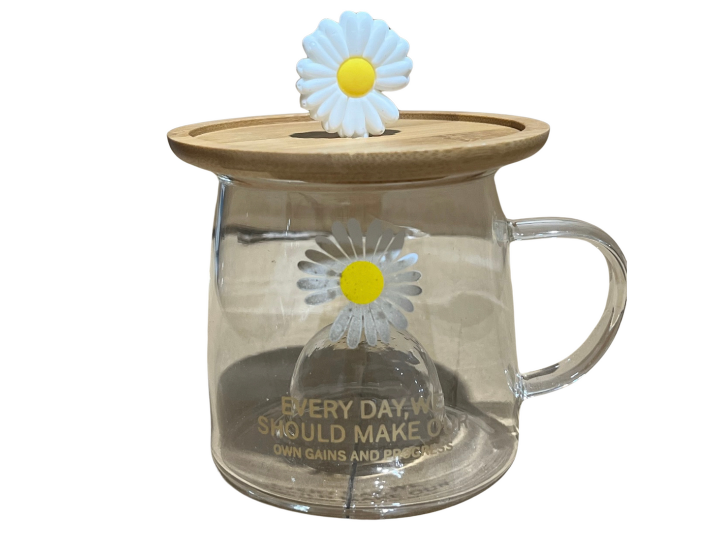 Mug en verre avec base en bois décoré floral LM12-10