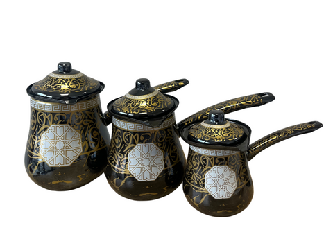 Lot de 3 cafetière en métal peint en écriture arabe dorée et noir avec couvercle