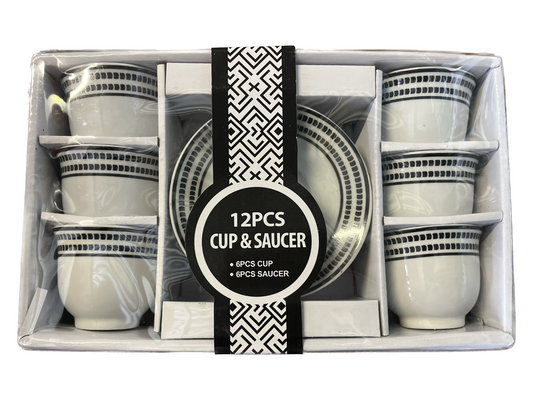 Lot de 6 tasses à café avec assiettes décorées noir et blanc LM12-4